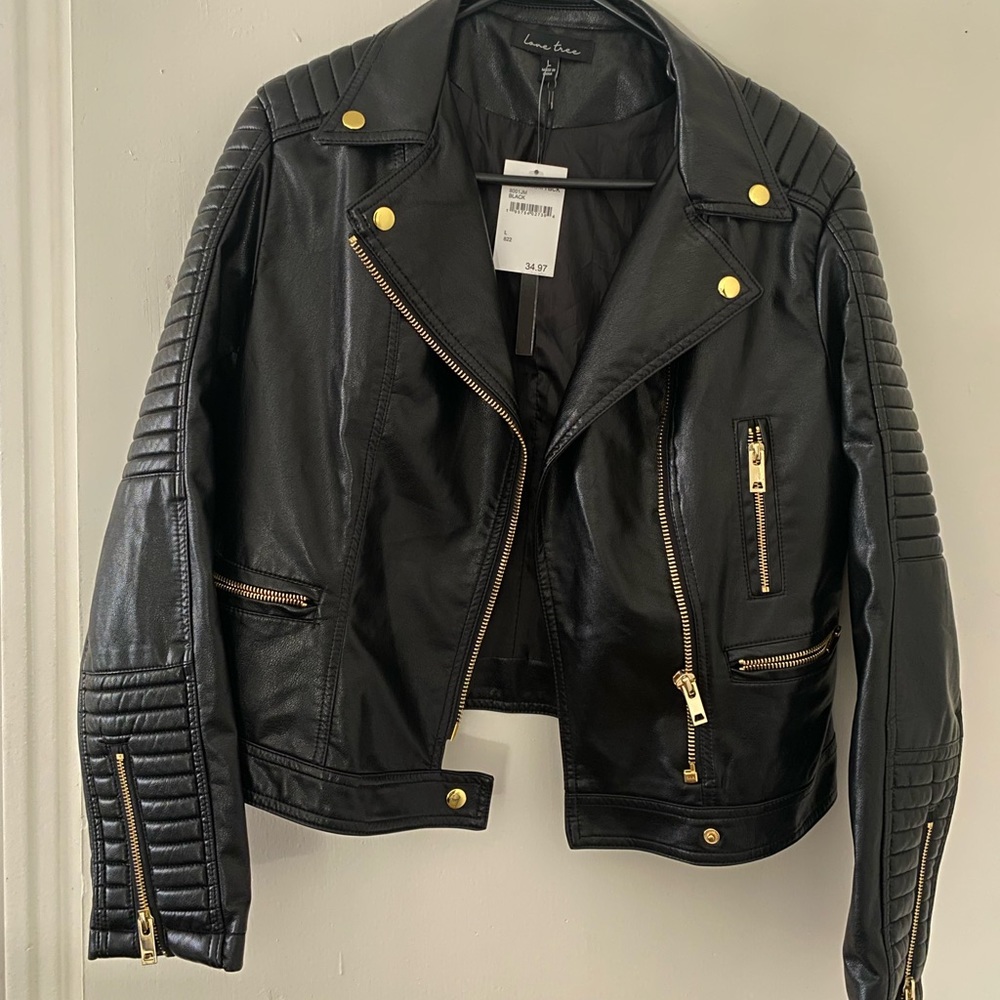 Faux Leather Jacket with Gold Hardware